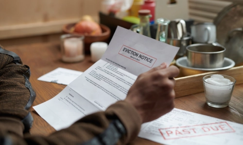 A man holding and reading an eviction notice at a wooden dining table