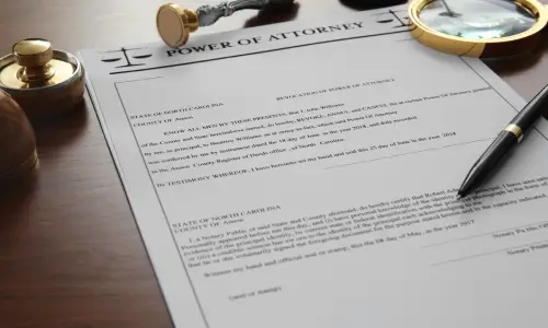 A photo of a power of attorney document placed on a table together with an elegant pen and magnifying glass.