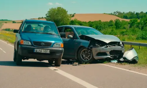 Two cars stopped at the side of the highway, the right one with a destroyed front, representing the need for a New York car accident lawyer.