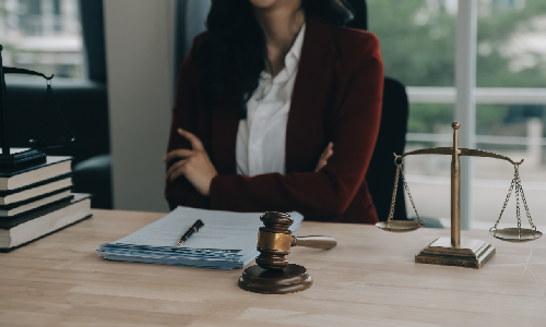New York shareholder dispute lawyer, female, sitting at desk with documents, gavel, and scales of justice.
